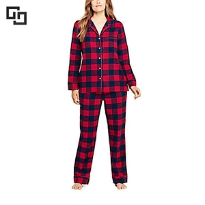 Wholesale Winter Women's Brushed 2 piece Cotton Flannel Plaid Pajama Set