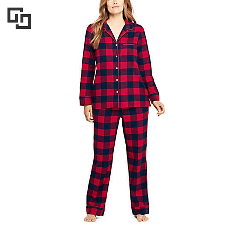 Wholesale Winter Women's Brushed 2 piece Cotton Flannel Plaid Pajama Set
