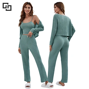 Button Front Top & Cami Top & Pants Lounge Set Women