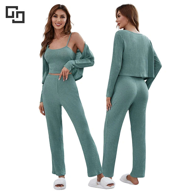Button Front Top & Cami Top & Pants Lounge Set Women
