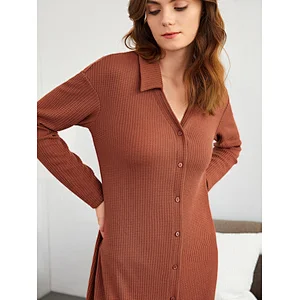 Waffle Knit Sleepshirt Long Sleeve  Button Front Womens Lounge Wear Custom Night Dress