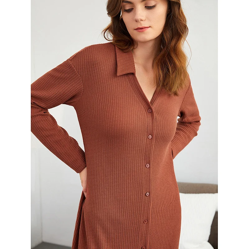 Waffle Knit Sleepshirt Long Sleeve  Button Front Womens Lounge Wear Custom Night Dress