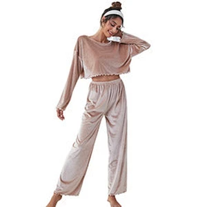 Winter Thick Solid Tops With Pants Fleece Pajama Sets Long Sleeve Custom Pj Set Velvet Femme Pyjamas