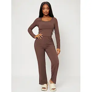 2022 Ribbed Long Woman Pajama Solid Custom Loungewear Set Winter Wholesale Vendors Women Cotton Lounge Wear