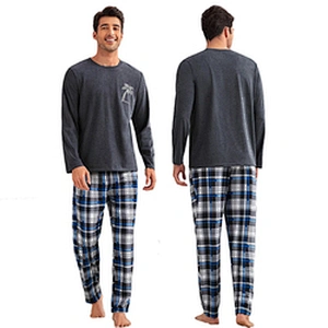 Custom Cotton Men's Sleepwear Palm Tree Print Sleep Tee & Plaid Sleep Pants Pajamas Man
