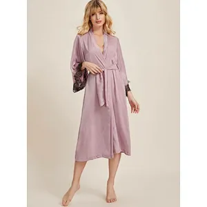 Custom Service Lace Trim Robe Femme Longue Belted Silk Satin Robe Women Bridesmaid Robe