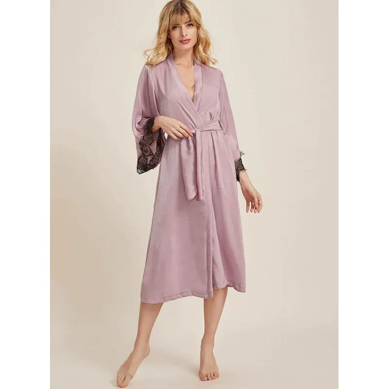 Custom Service Lace Trim Robe Femme Longue Belted Silk Satin Robe Women Bridesmaid Robe