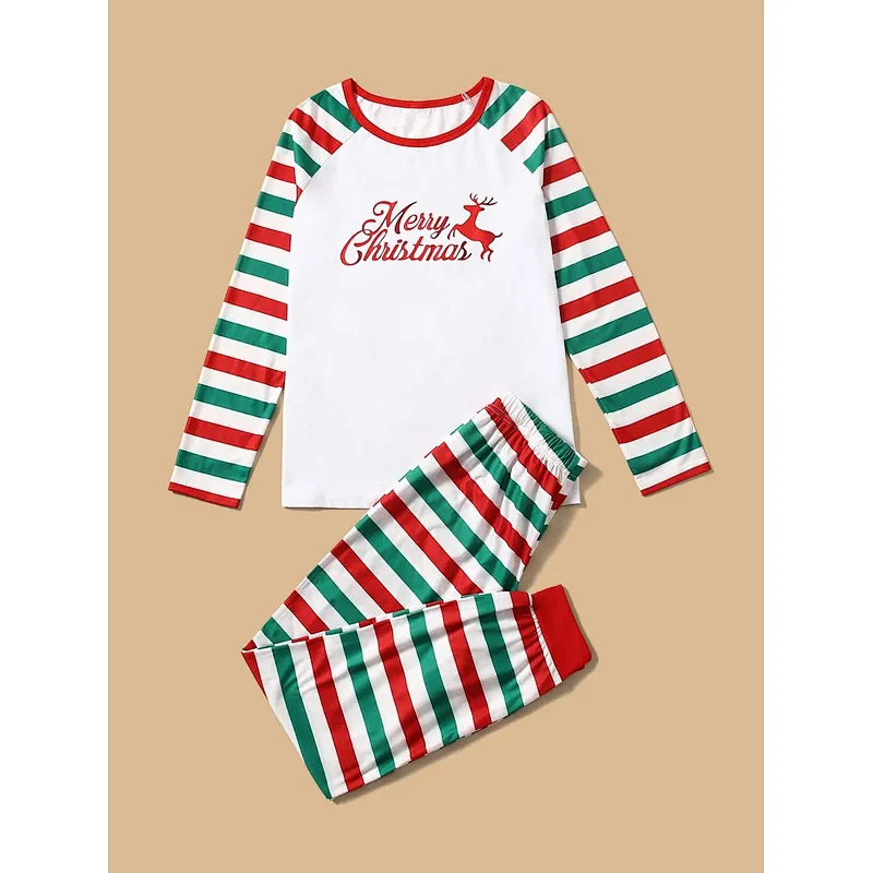Long Sleeve Christmas Family Pyjamas Print Top & Striped Pants with Cuff OEM Christmas Pajamas