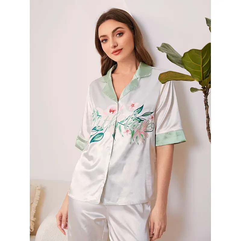 Luxury Women Sleepwear Floral Pyjama Ladies Nihgtwear Clothing Women Satin Silk Pajama Set