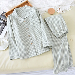 Cozy Woven Plaid Long Cotton Pj Sets  Designer Cozy Sleepwear Linen Women Pyjamas Sets