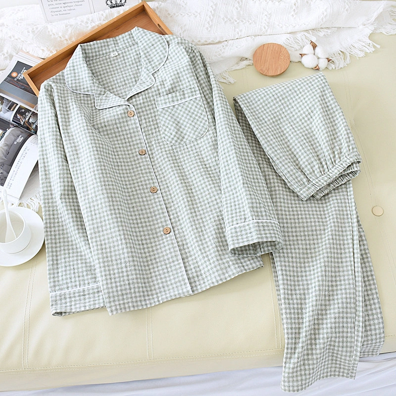 Cozy Woven Plaid Long Cotton Pj Sets  Designer Cozy Sleepwear Linen Women Pyjamas Sets