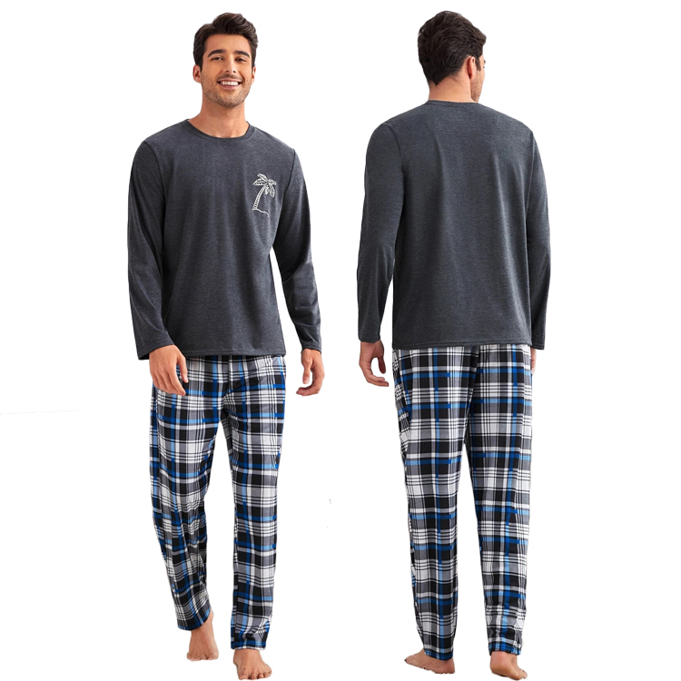 Custom Cotton Men's Sleepwear Palm Tree Print Sleep Tee & Plaid Sleep Pants Pajamas Man