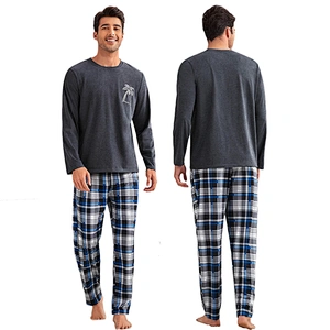 Custom Cotton Men's Sleepwear Palm Tree Print Sleep Tee & Plaid Sleep Pants Pajamas Man