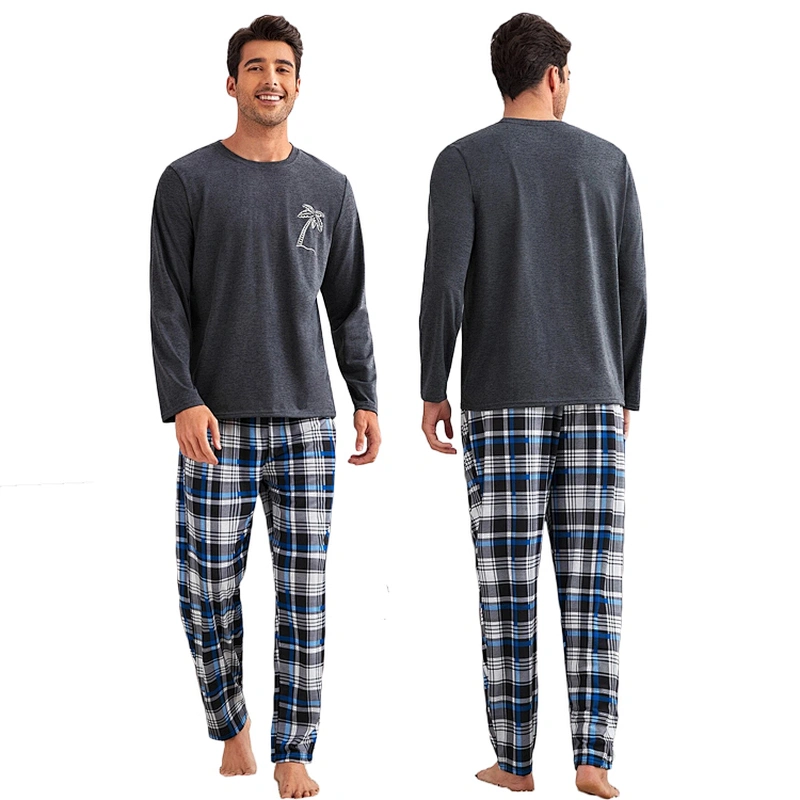 Custom Cotton Men's Sleepwear Palm Tree Print Sleep Tee & Plaid Sleep Pants Pajamas Man