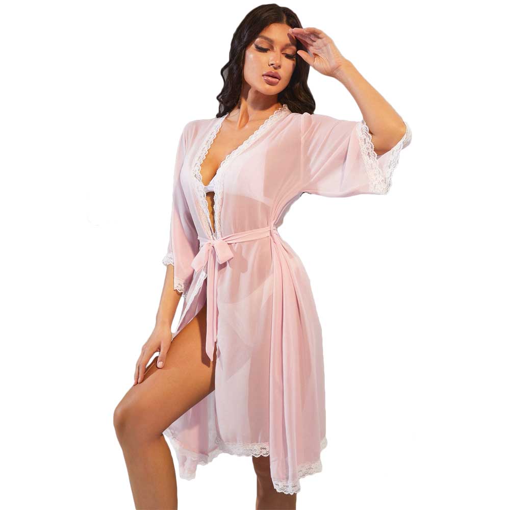 Semi-Sheer Robe Femme Contrast Lace Trim Belted Night Robe See Chiffon Through Robe