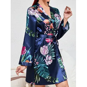 Party Bridesmaid Deep V Neck Kimono Robe Silk Floral Print Belted Womens Satin Robe