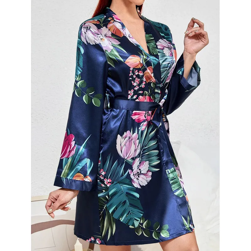 Party Bridesmaid Deep V Neck Kimono Robe Silk Floral Print Belted Womens Satin Robe