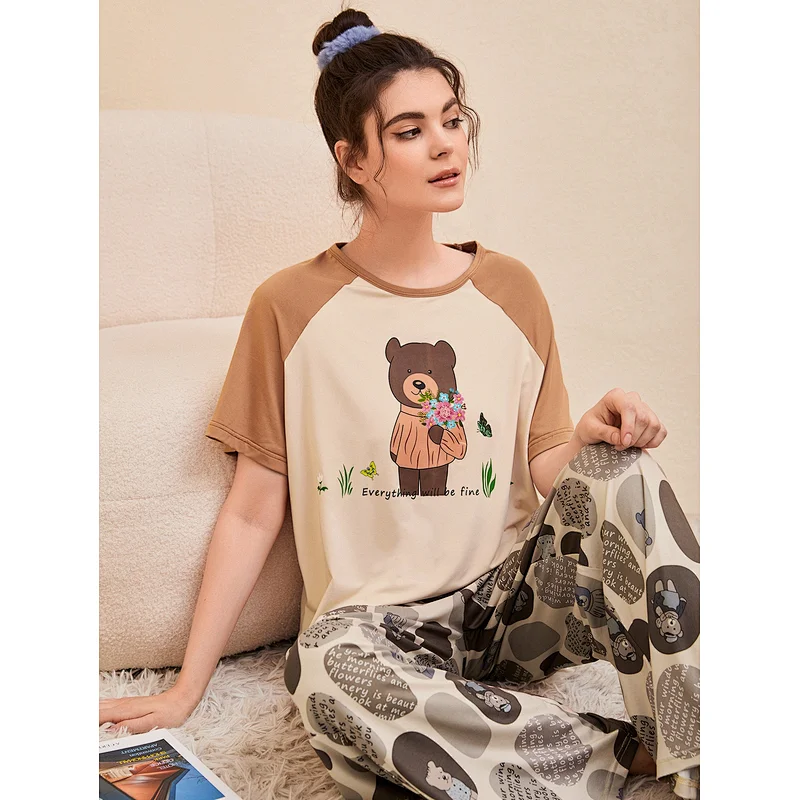 OEM Sleepwear Slogan & Bear Print Color Block Raglan Sleeve Cotton PJ Set for Women