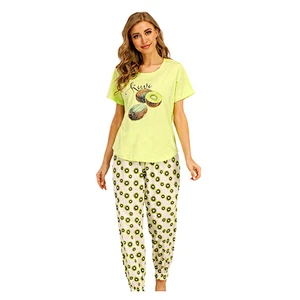 100% Cotton Short Printing Knitted Home Sleep wear Women Round-Collar OEM Popular Pyjamas Set