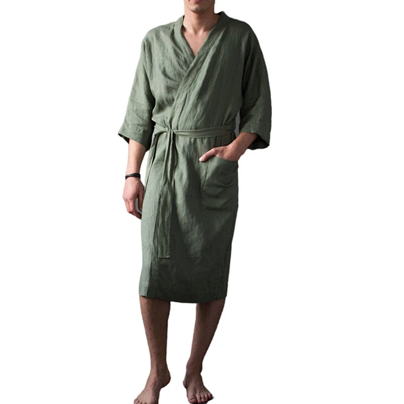 Custom Cotton Solid Bandage Linen Longue Robe Full Length Linen Designer Winter Men Bath Robes