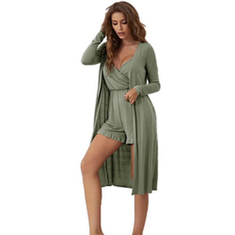 2022 Ladies Women 2 Pieces Solid Cami Romper Belted Robe Lounge Set