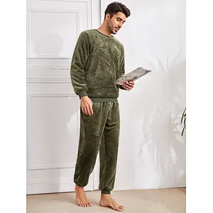 Casual Shearling Men's Sleepwear Contrast Trim Teddy Top & Pants with Cuff OEM Pajamas for Men
