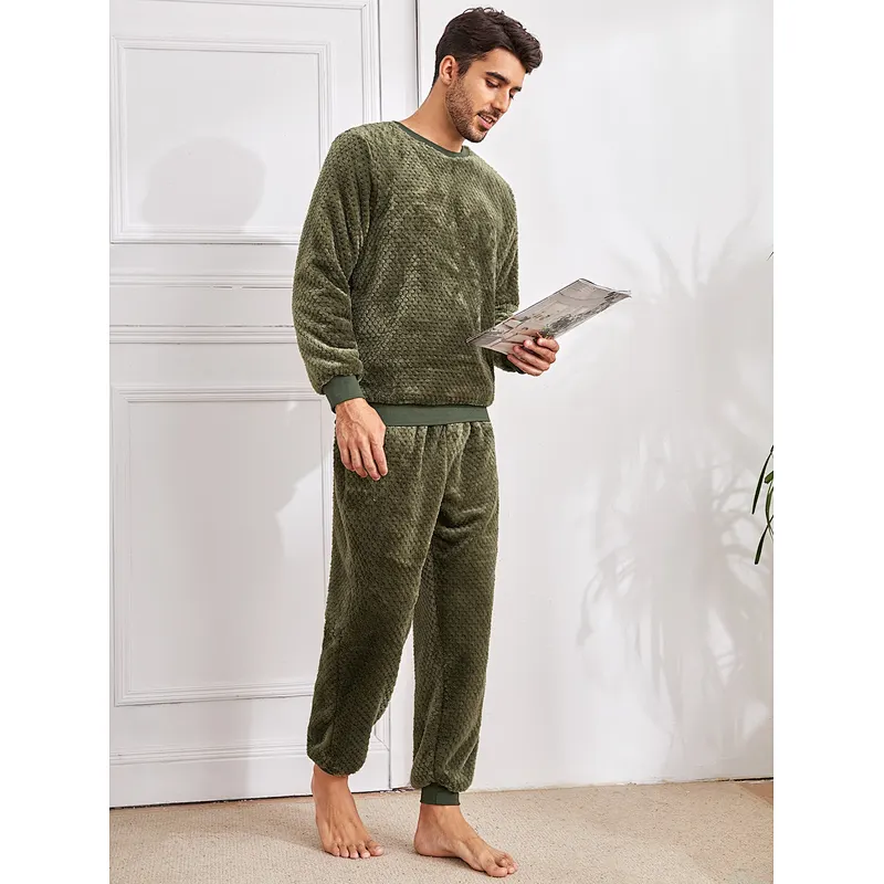 Casual Shearling Men's Sleepwear Contrast Trim Teddy Top & Pants with Cuff OEM Pajamas for Men
