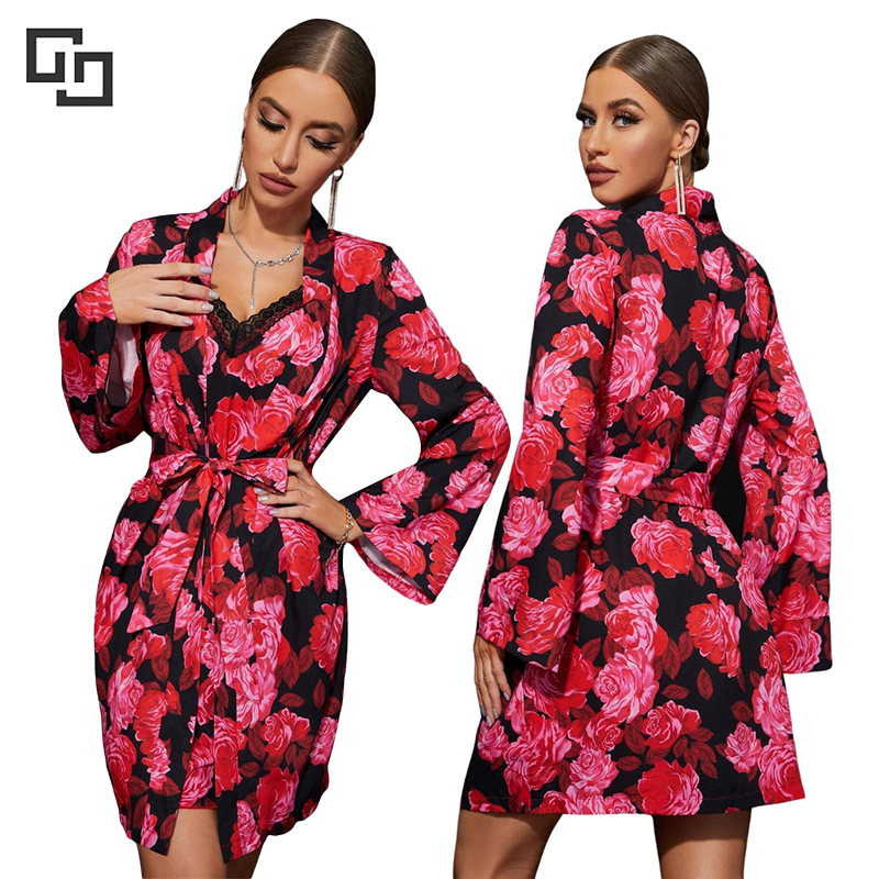 Floral Print Lace Trim Cami Nightdress & Belted bridal Robe PJ Set