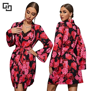 Floral Print Lace Trim Cami Nightdress & Belted bridal Robe PJ Set
