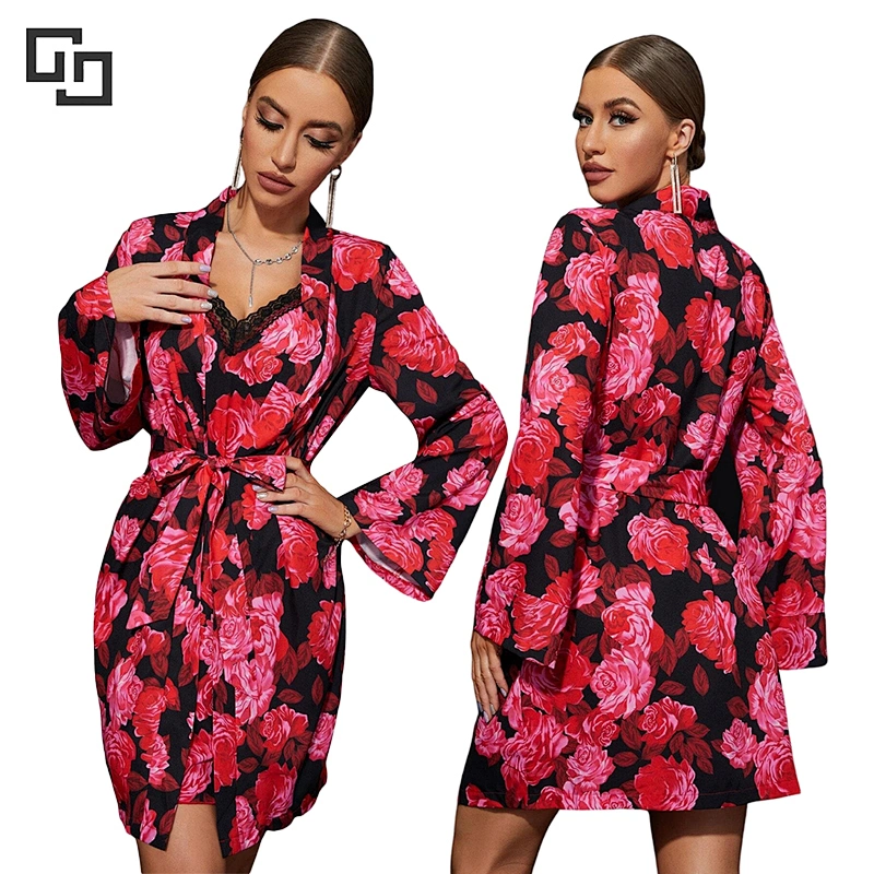 Floral Print Lace Trim Cami Nightdress & Belted bridal Robe PJ Set