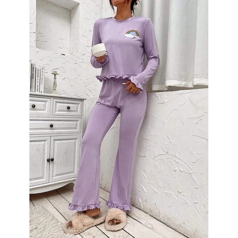 2022 Lilac Purple Rainbow Print Flounce Sleeve Ruffle Hem Top & Pants Cotton Lounge Wear Set