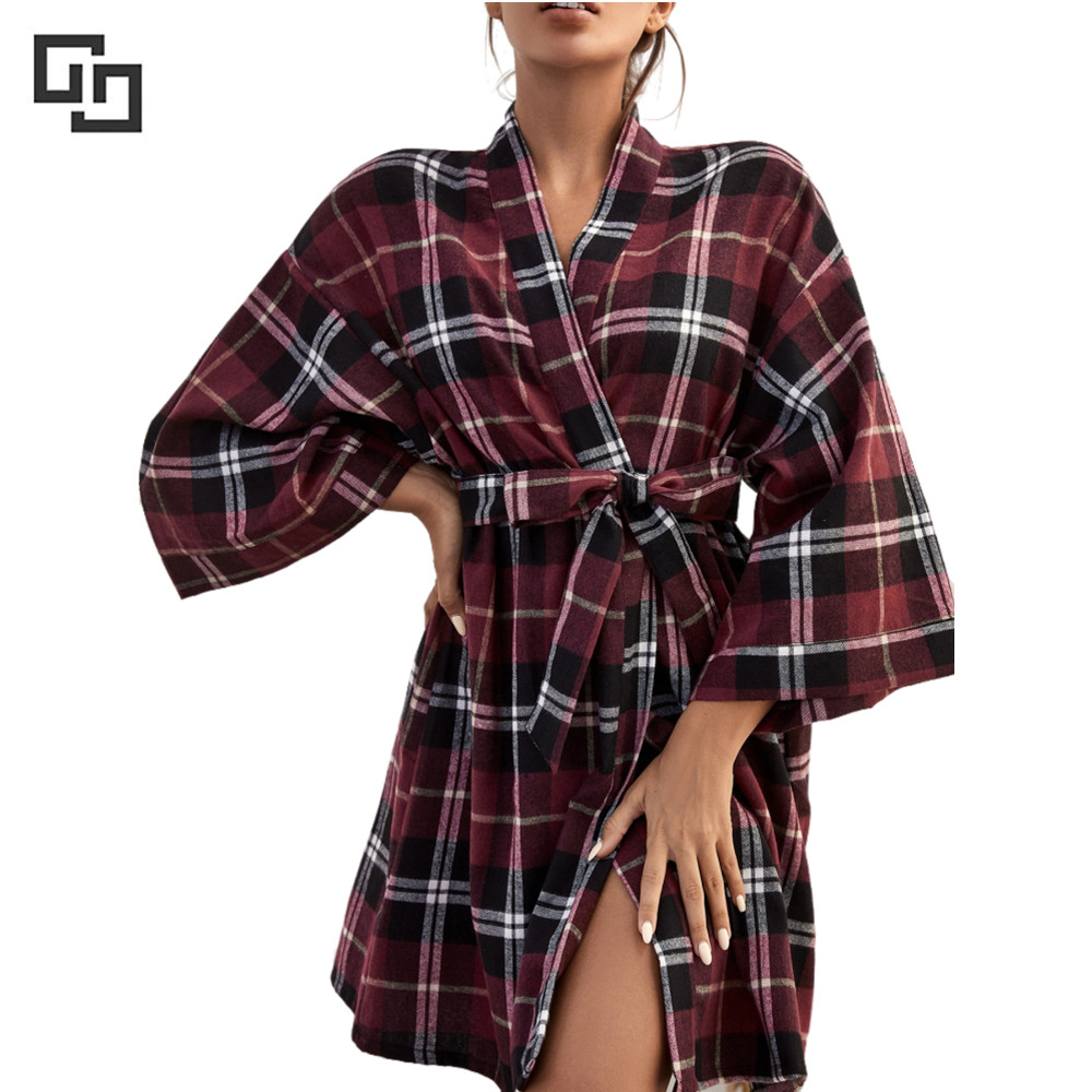 Plaid Short Knit Bamboo Woman's Robe Belt Custom Manufacture Women Luxury Cotton Bath Robe