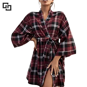 Plaid Short Knit Bamboo Woman's Robe Belt Custom Manufacture Women Luxury Cotton Bath Robe
