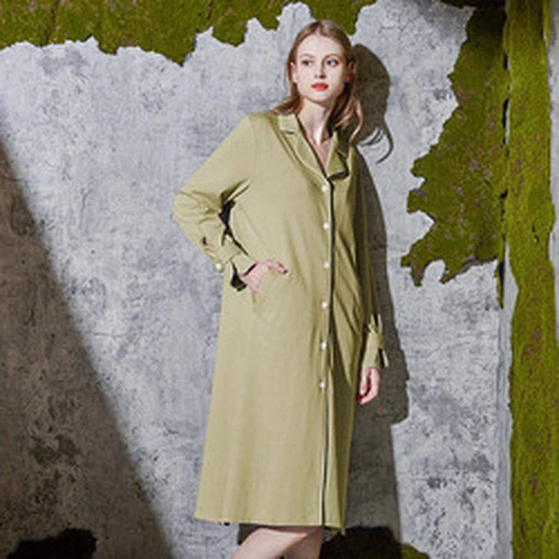 Ladies Spring Autumn Pyjama Medium Length 100% Cotton Night Dress Long Sleeves Solid Color Lapels Pajamas