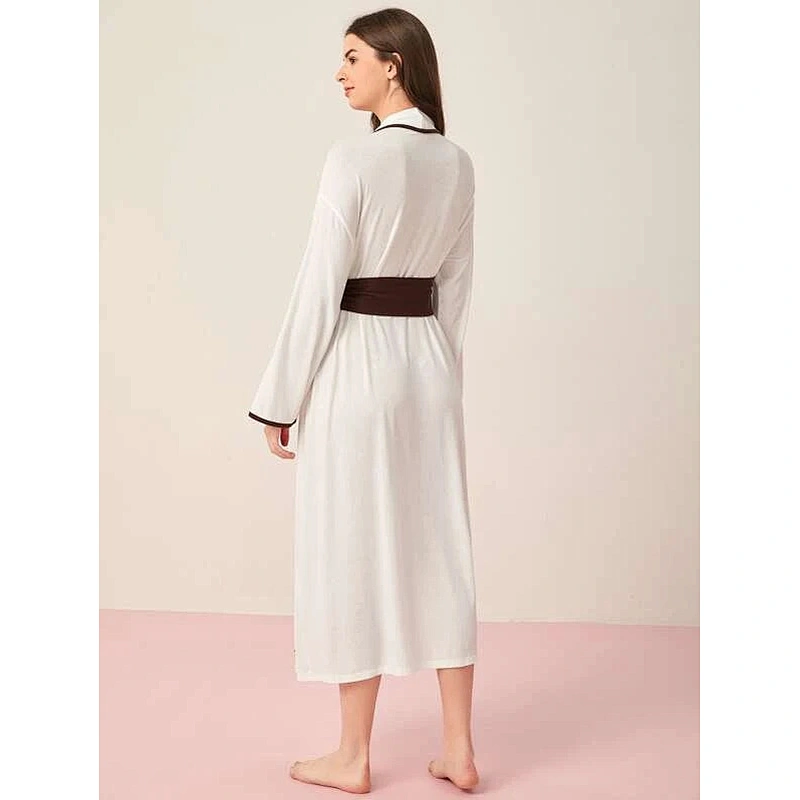 Cartoon Letter Graphic Wholesale Bathrobe Contrast Binding Belted Long Women Robes