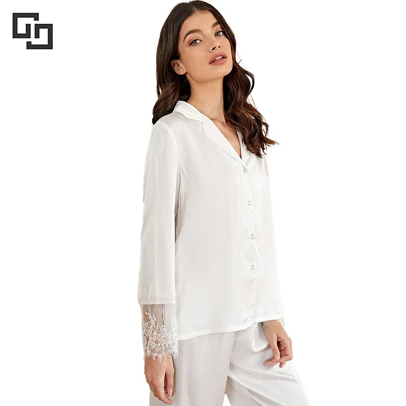 Lace Panel Lapel Collar SatinWinter Home Wear Sleepwear Women Pyjamas Sets Cotton Long Pajama Pyjamas