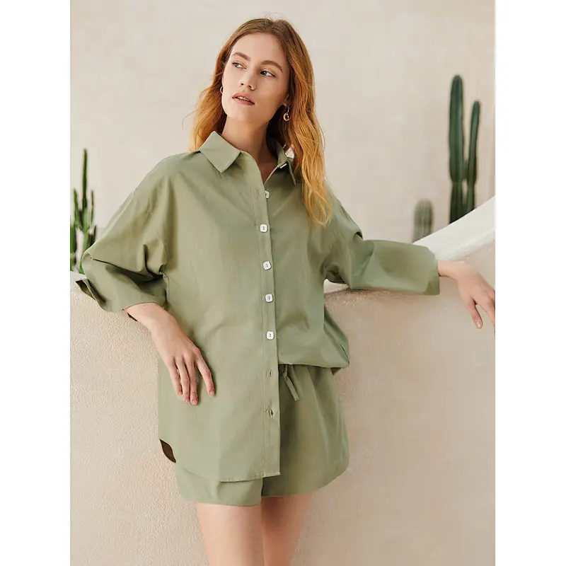 Summer Solid Cotton Loungewear Drop Shoulder Blouse & Shorts Set Womens Linen Pyjamas Set