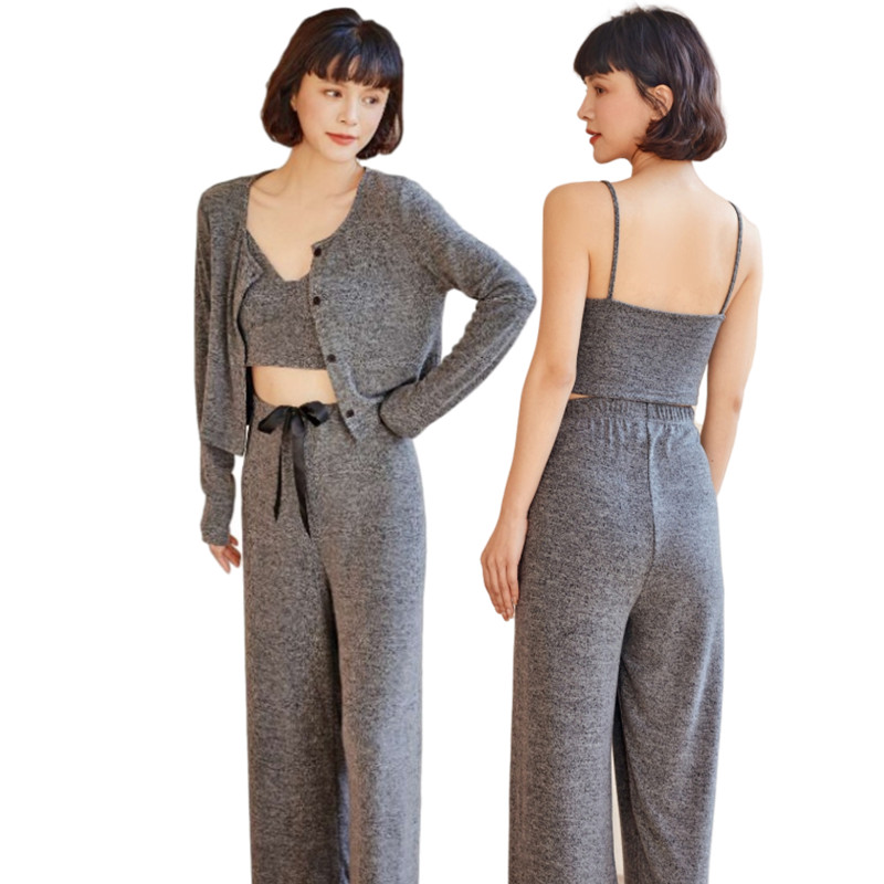 3 Pieces Top Cami Drawstring Pants Femme Pyjamas Set Designer  Winter Thick Pajamas Women