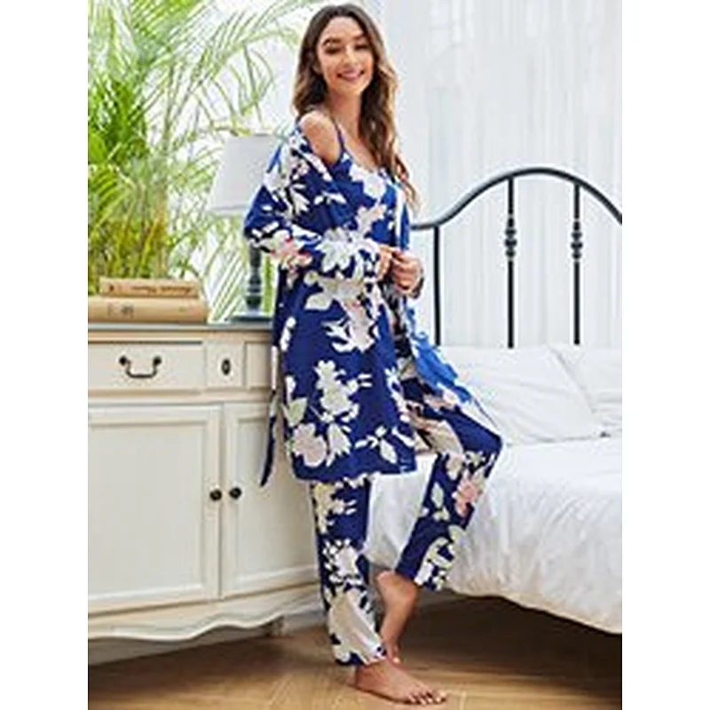 3pcs Floral Print Loungewear Cami Top and Pants Belted Robe Set Women Custom Viscose from Bamboo Pajamas
