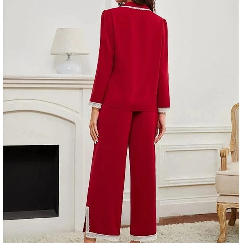 Cotton Pajamas Women Burgundy Pajama Set Cotton Woman Contrast Lace Long Sleeve Cotton Pajamas
