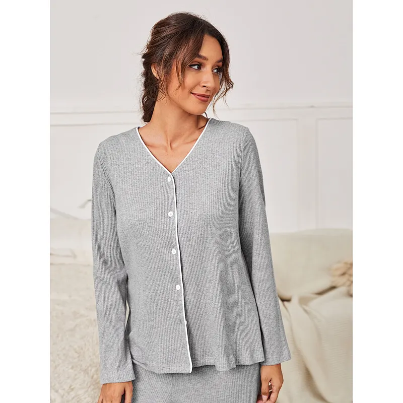 Long Sleeve Button Front V Neck Women Pyjamas Rib Knit Contrast Piping Custom Cotton Pajama Sets