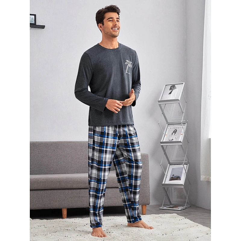 Custom Cotton Men's Sleepwear Palm Tree Print Sleep Tee & Plaid Sleep Pants Pajamas Man