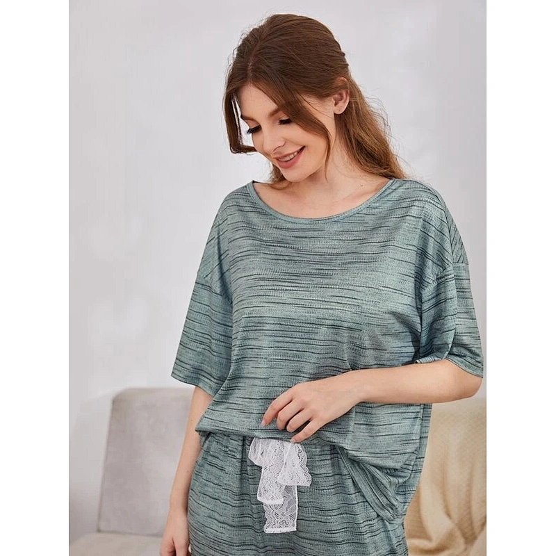 Short Sleeve Drop Shoulder Bamboo Viscose Sleepwear Set Tee & Lace Trim Pants Women Pajamas