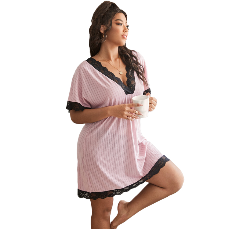 V Neck Short Sleeve Night Gown Plus Size Nightgowns Lace Trim Night Dress for Woman