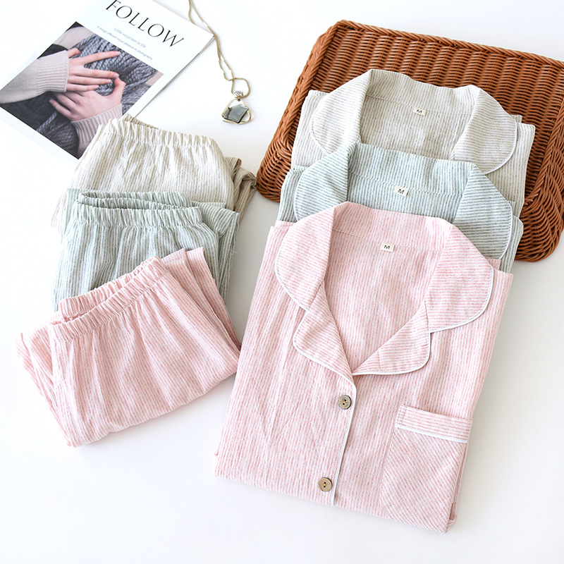 Cozy Woven Plaid Long Cotton Pj Sets  Designer Cozy Sleepwear Linen Women Pyjamas Sets