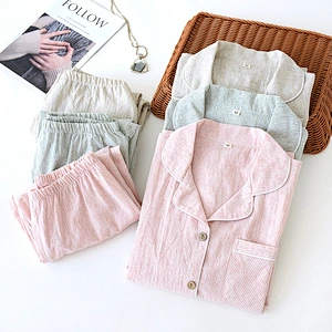 Cozy Woven Plaid Long Cotton Pj Sets  Designer Cozy Sleepwear Linen Women Pyjamas Sets