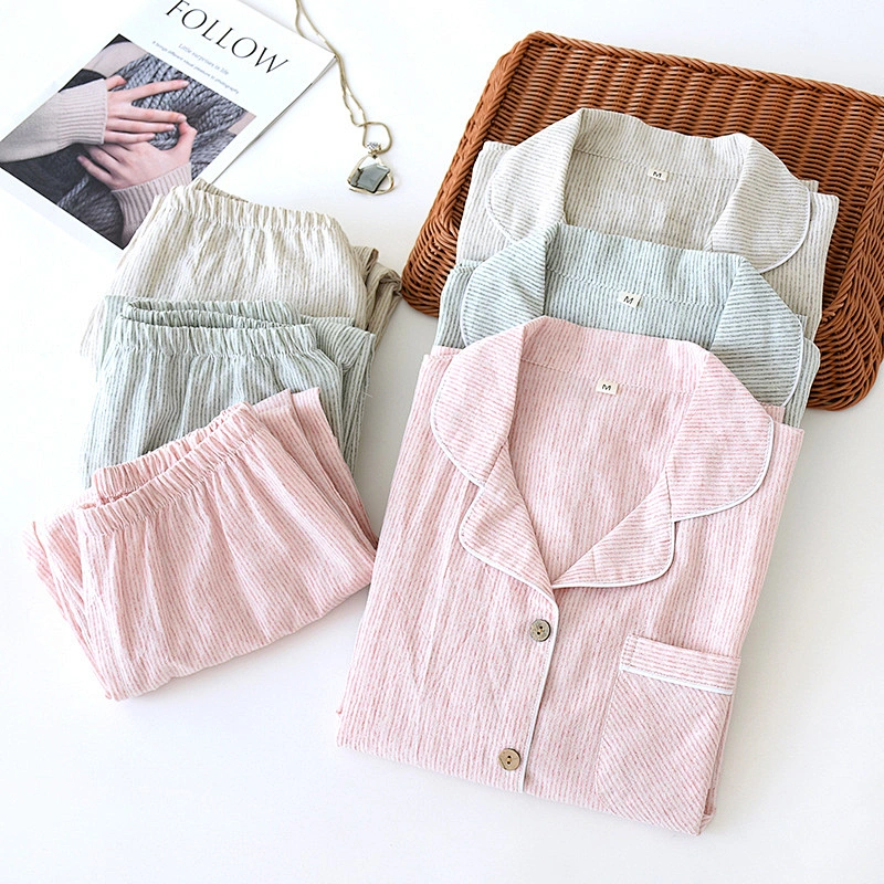 Cozy Woven Plaid Long Cotton Pj Sets  Designer Cozy Sleepwear Linen Women Pyjamas Sets