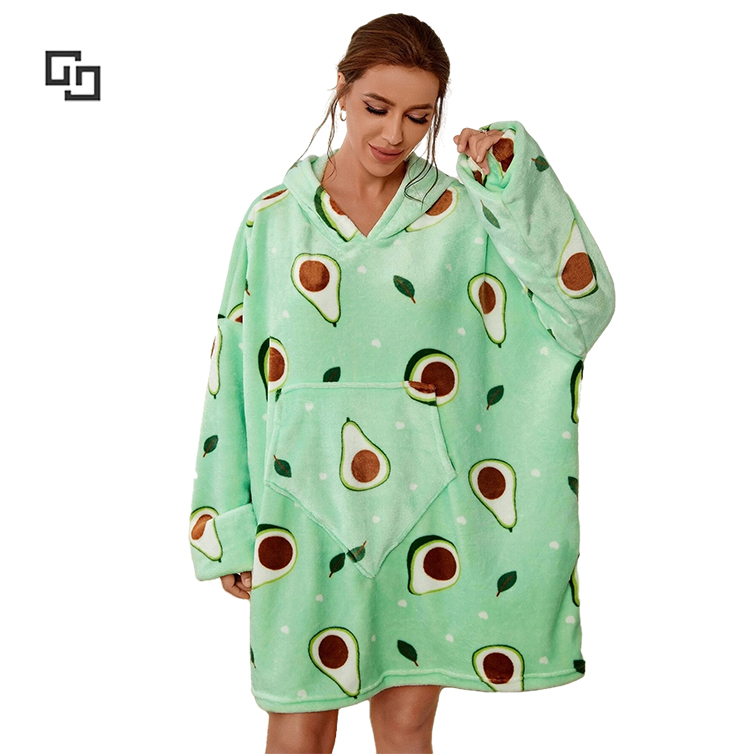 Winter Loungewear Fruit Print Pocket Front Drop Shoulder Hooded Flannel Sleep Dress