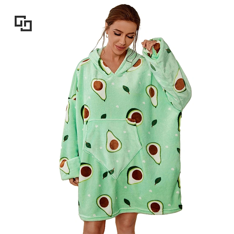 Winter Loungewear Fruit Print Pocket Front Drop Shoulder Hooded Flannel Sleep Dress