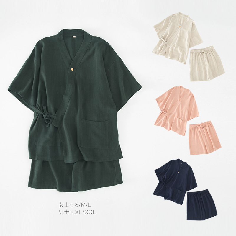Belt Cozy 2 Pieces Breathable Solid Pajamas Woven Summer Short Cotton Pyjama Linen Women Lounge Wear